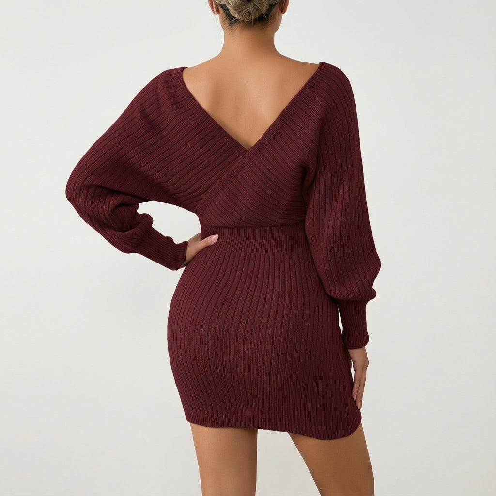 Sukienka mini damska prążkowana dzianinowa z dekoltem V