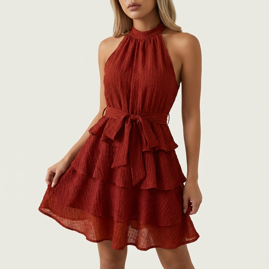 Sukienka mini damska halter z wiązaniem w talii | Na lato