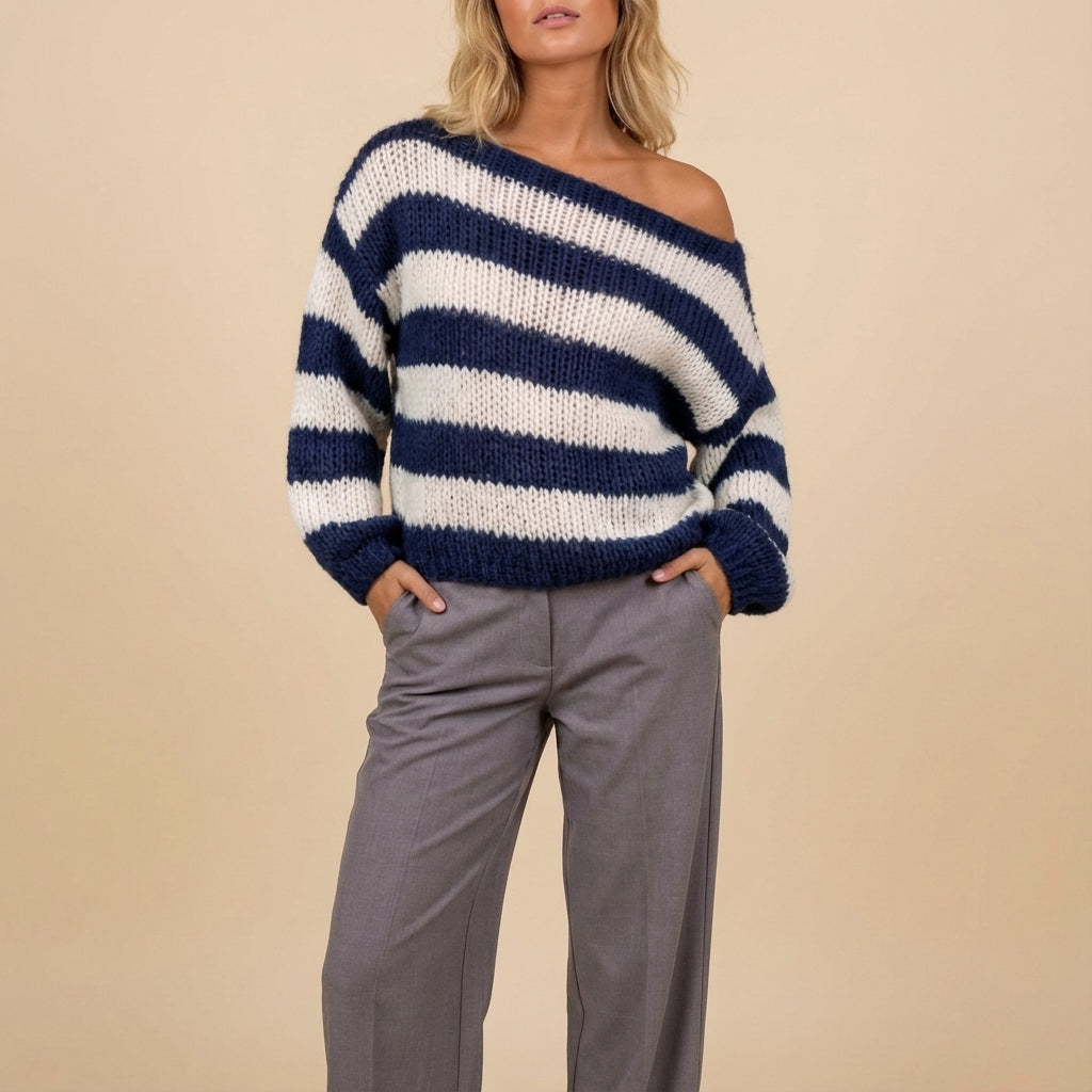 Sweter męski dzianinowy w poziome paski oversize | Styl codzienny