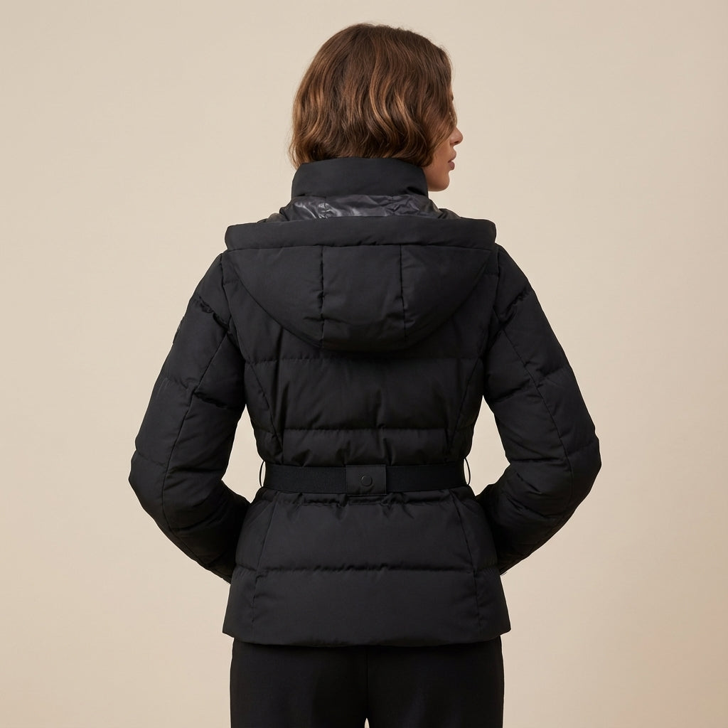 Kurtka puchowa damska z kapturem i paskiem | Styl miejski