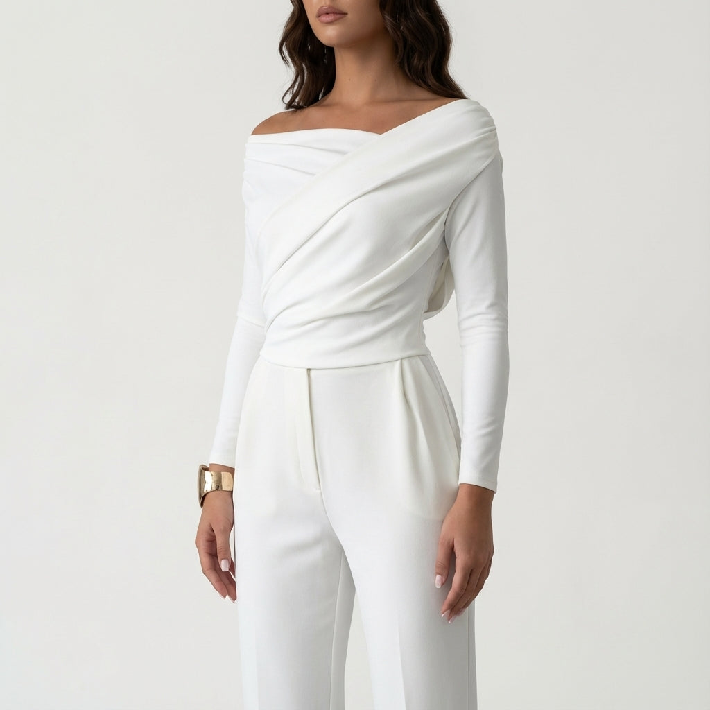 Bluzka damska marszczona z krzyżowanym kołnierzem | Codzienne noszenie