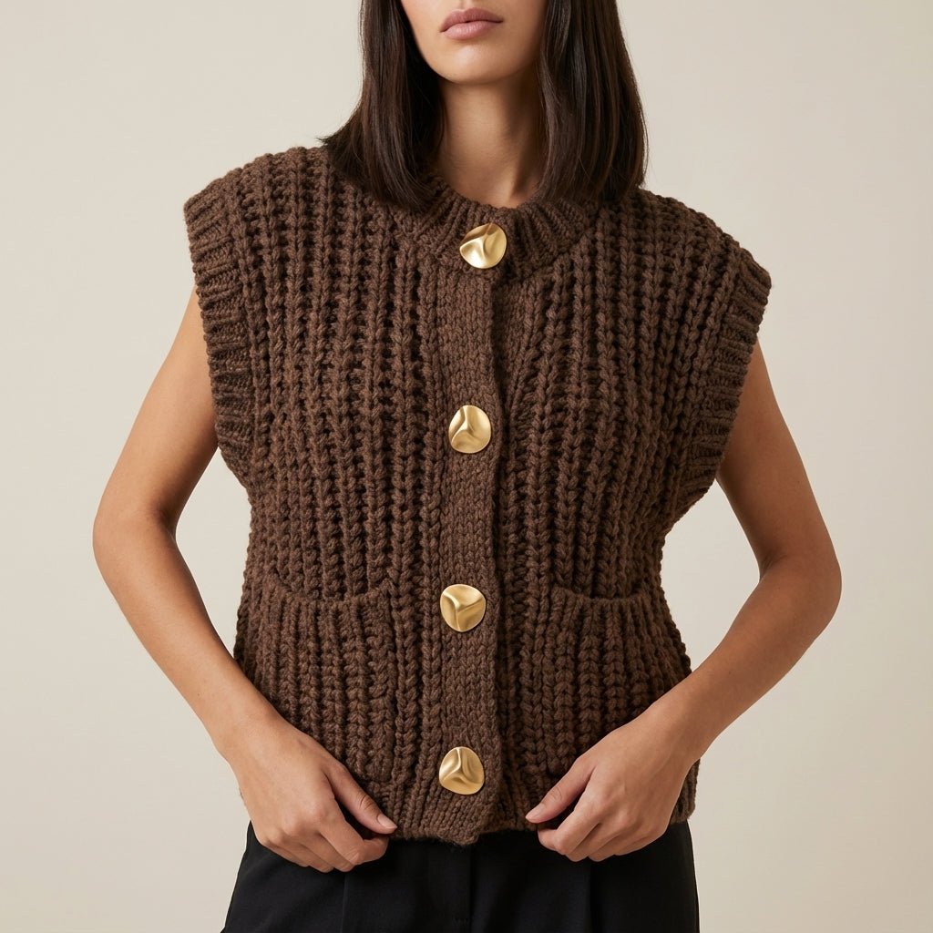 Bezrękawnik damski dzianinowy z guzikami i kieszeniami | Styl codzienny