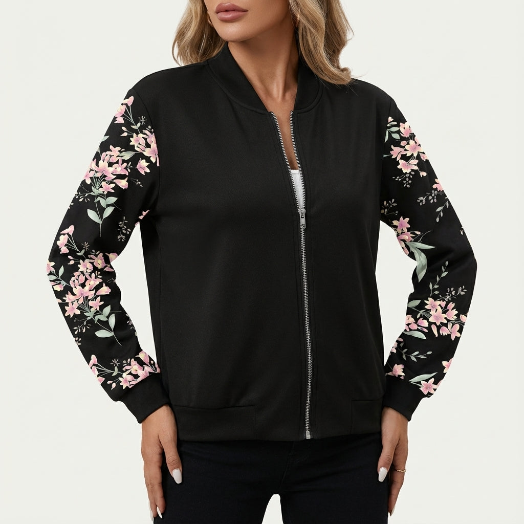 Kurtka bomberka damska z kwiatowymi rękawami | Styl codzienny miejski