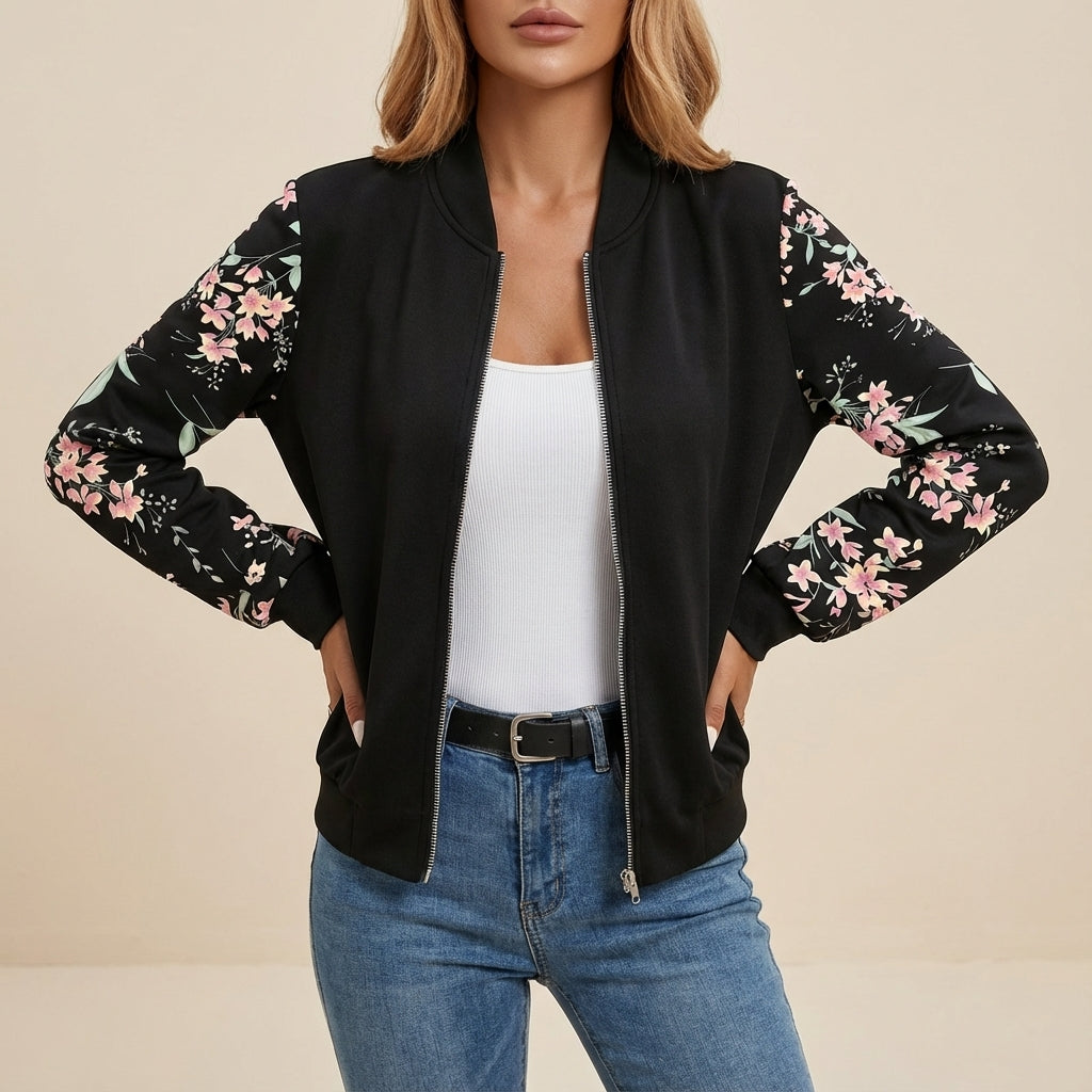 Kurtka bomberka damska z kwiatowymi rękawami | Styl codzienny miejski
