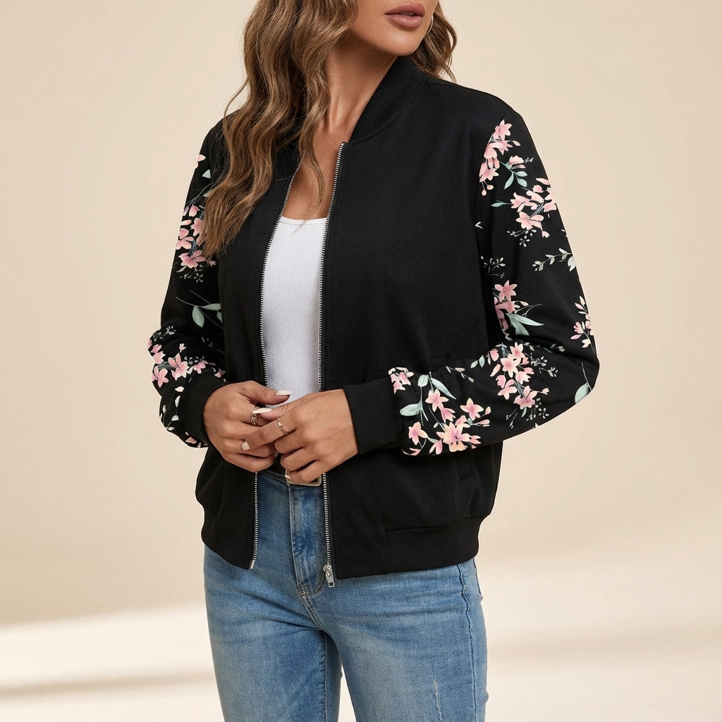Kurtka bomberka damska z kwiatowymi rękawami | Styl codzienny miejski