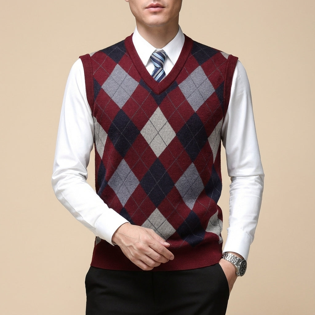 Bezrękawnik Męski Argyle z Dekoltem V | Codzienny i Biurowy