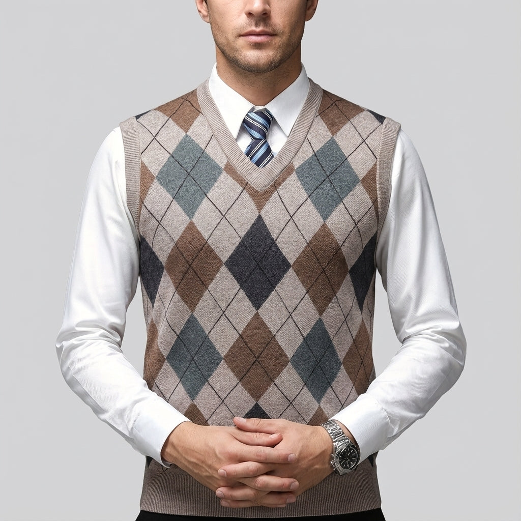 Bezrękawnik Męski Argyle z Dekoltem V | Codzienny i Biurowy