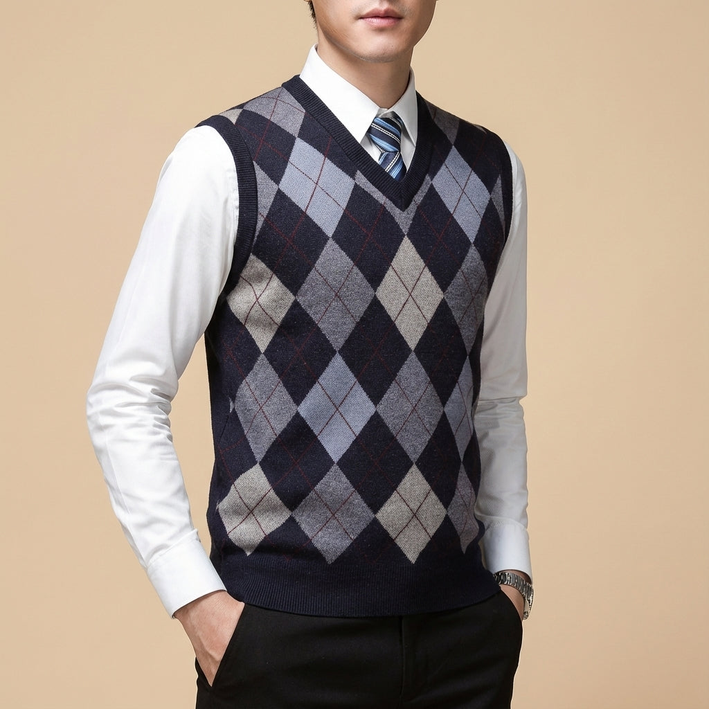 Bezrękawnik Męski Argyle z Dekoltem V | Codzienny i Biurowy