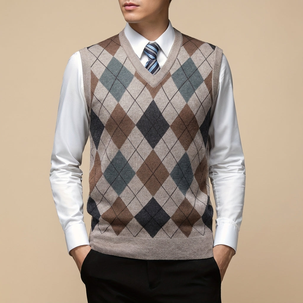 Bezrękawnik Męski Argyle z Dekoltem V | Codzienny i Biurowy