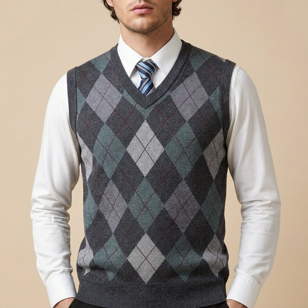 Bezrękawnik Męski Argyle z Dekoltem V | Codzienny i Biurowy
