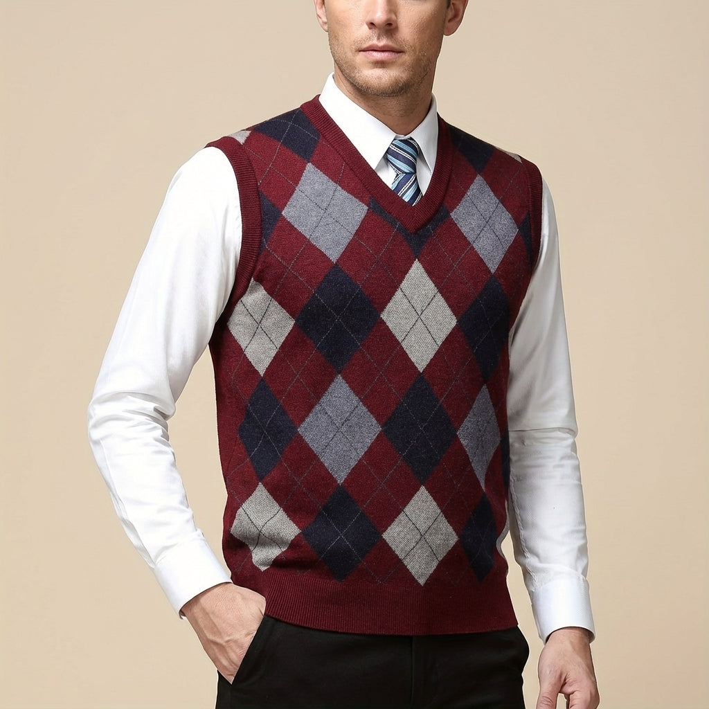 Bezrękawnik Męski Argyle z Dekoltem V | Codzienny i Biurowy