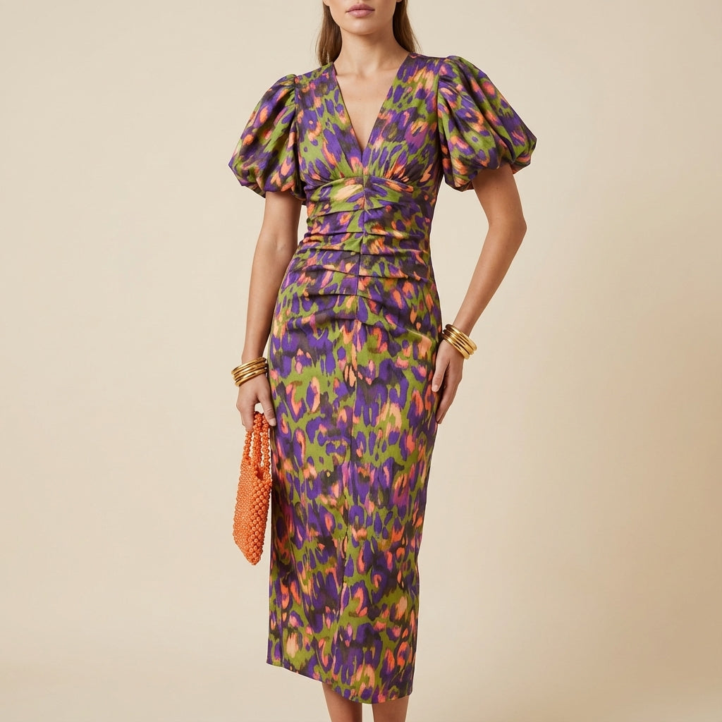 Sukienka midi damska z bufiastym rękawem | Codzienne noszenie