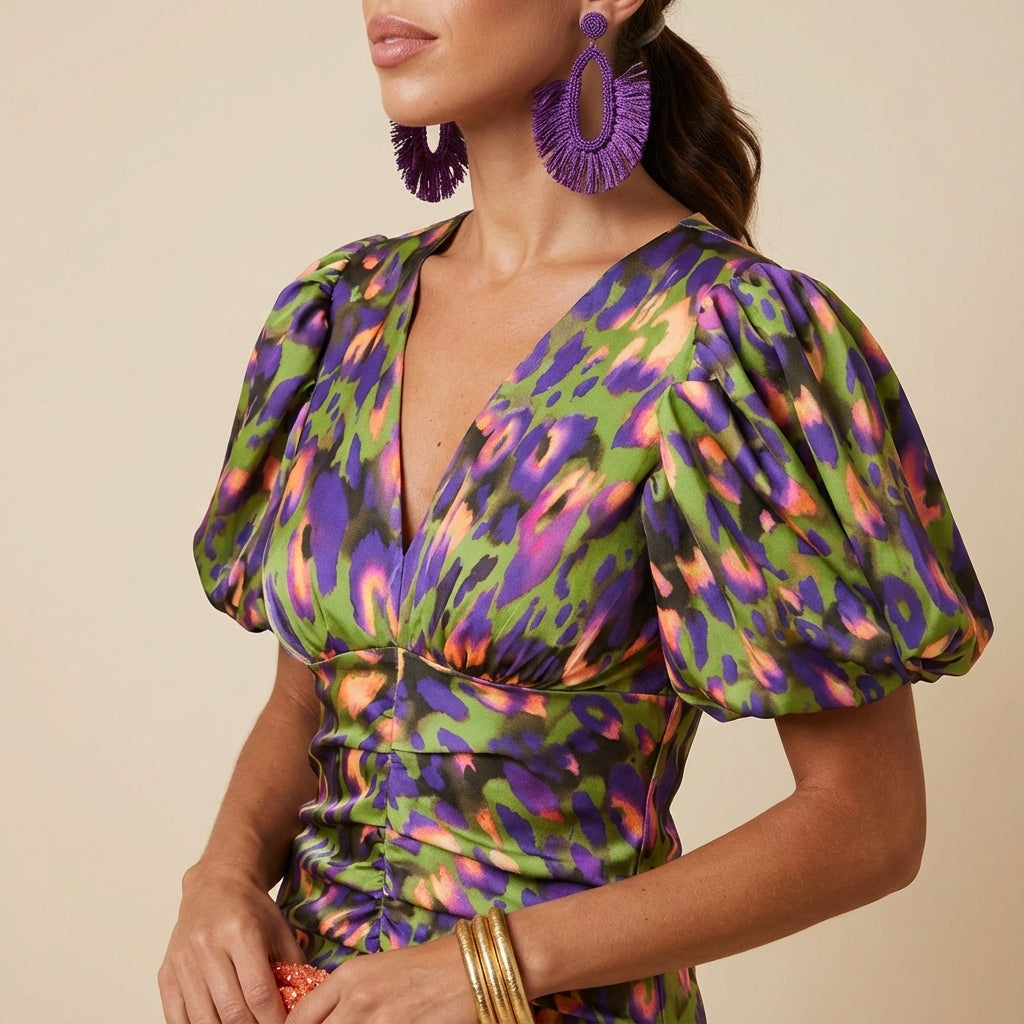 Sukienka midi damska z bufiastym rękawem | Codzienne noszenie