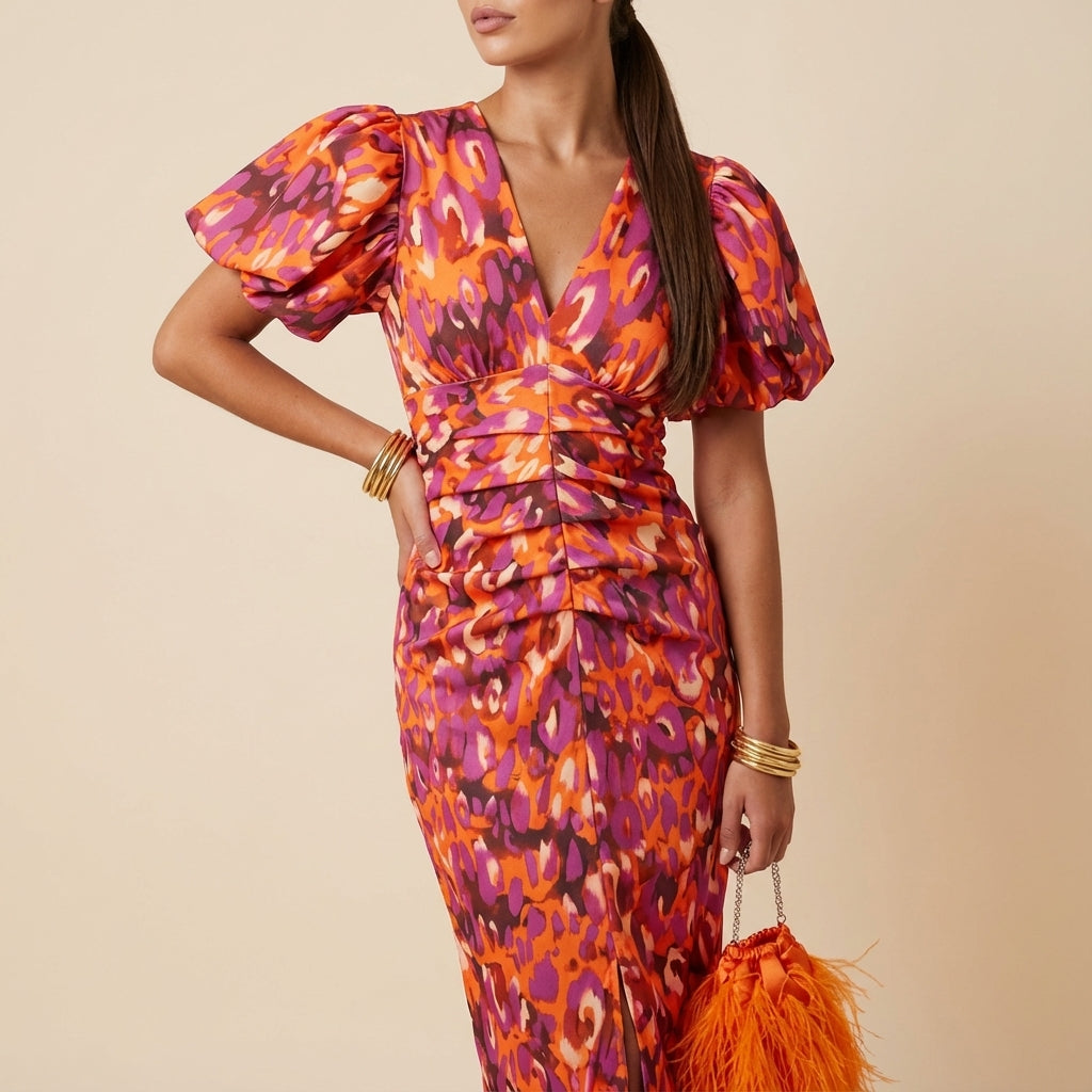 Sukienka midi damska z bufiastym rękawem | Codzienne noszenie