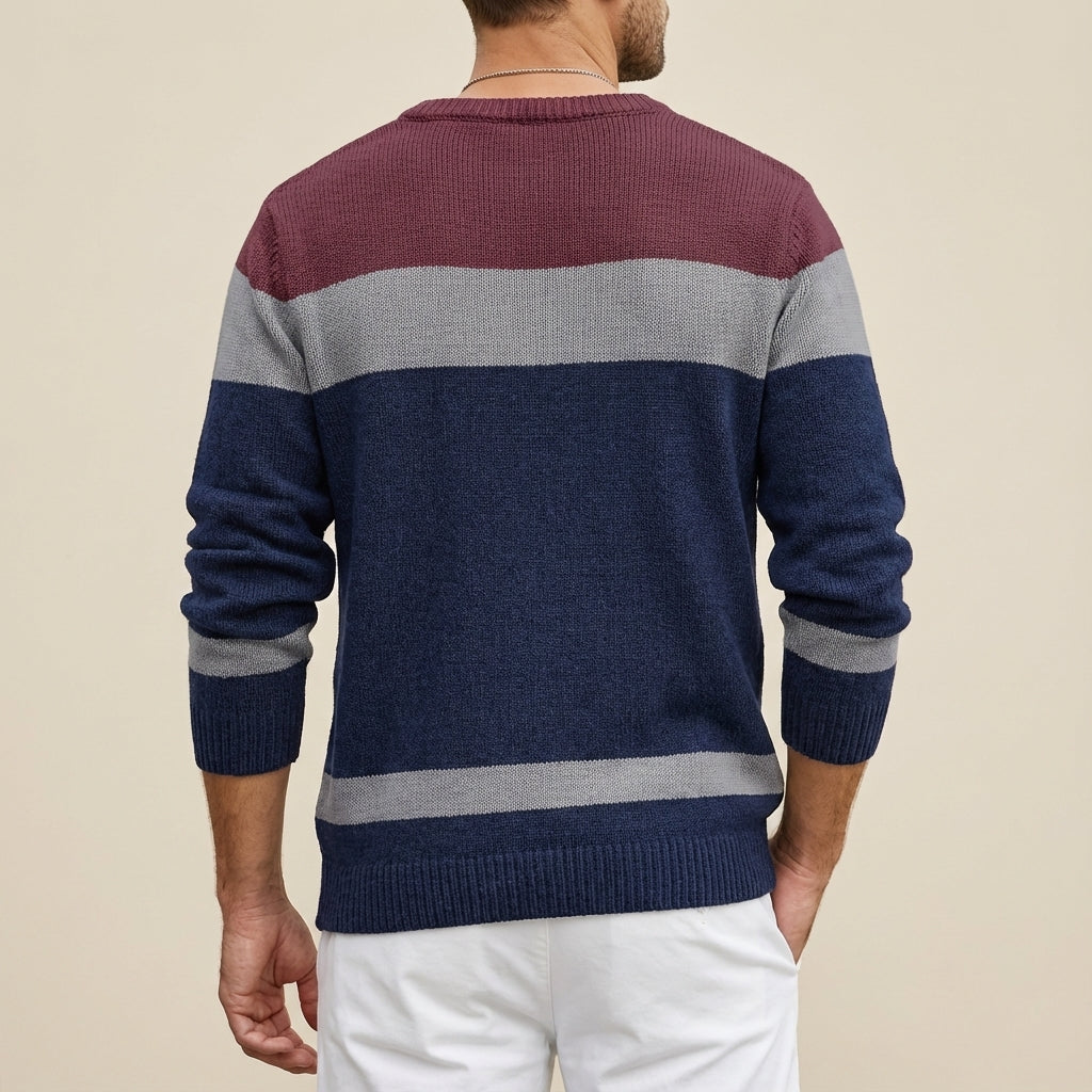 Sweter Męski Warkoczowy w Pasy z Okrągłym Dekoltem | Na Co Dzień