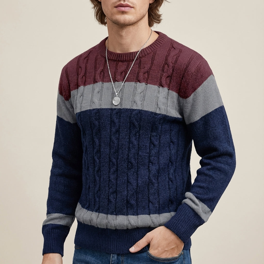 Sweter Męski Warkoczowy w Pasy z Okrągłym Dekoltem | Na Co Dzień