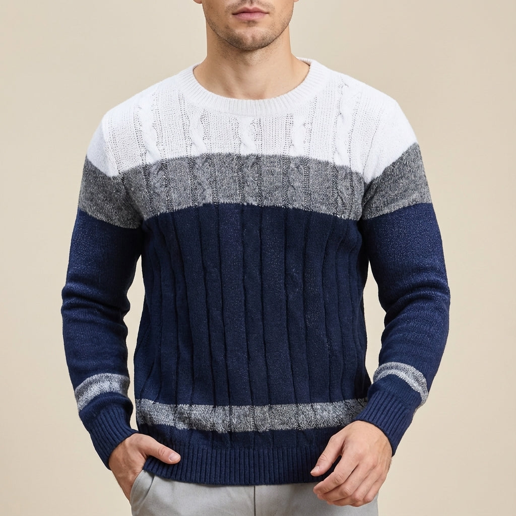 Sweter Męski Warkoczowy w Pasy z Okrągłym Dekoltem | Na Co Dzień