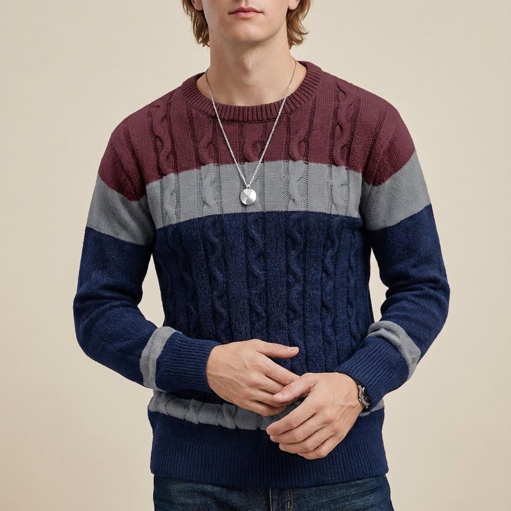 Sweter Męski Warkoczowy w Pasy z Okrągłym Dekoltem | Na Co Dzień