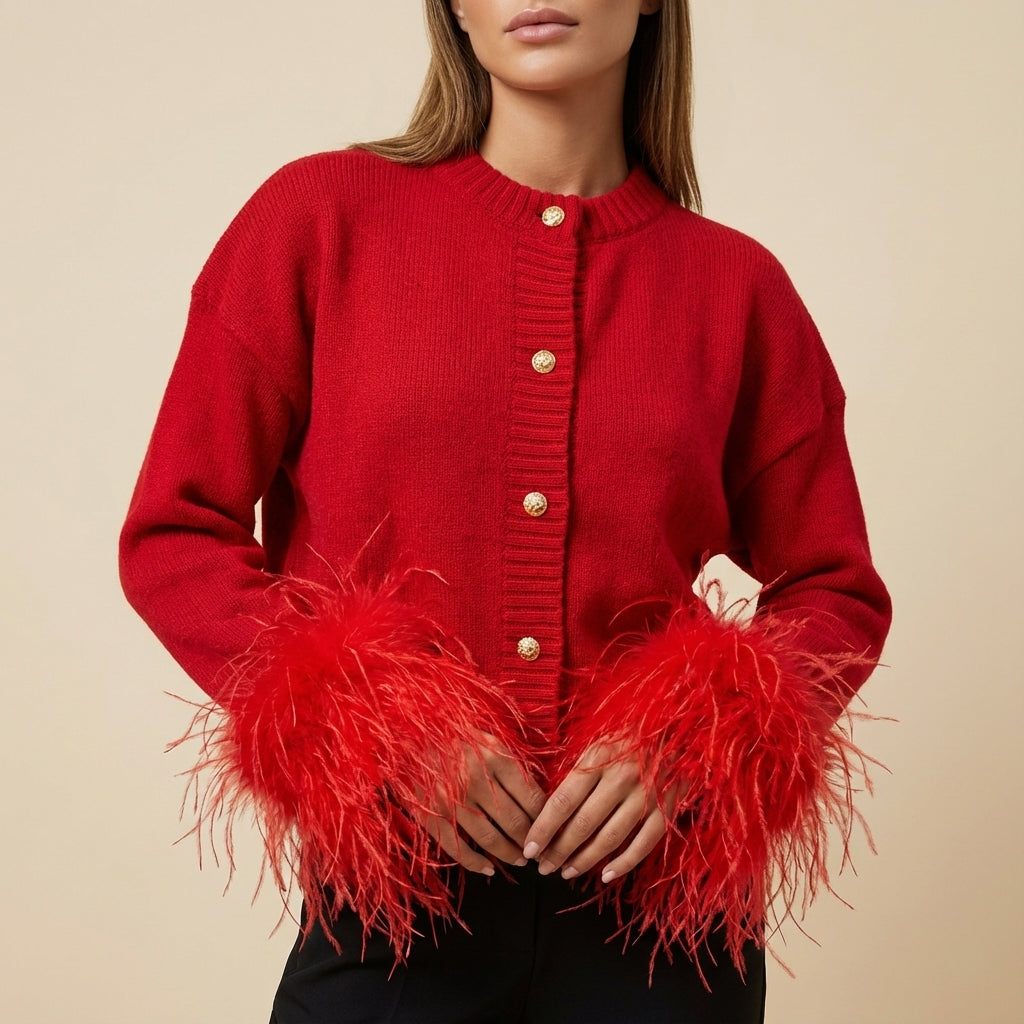Kardigan damski rozpinany na guziki z detalami piór na rękawach | Na co dzień