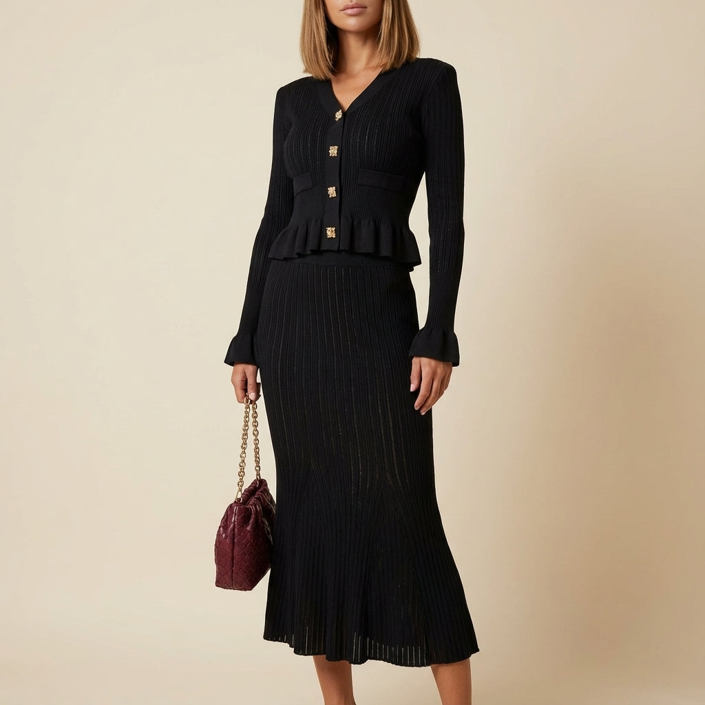 Komplet dzianinowy damski żakiet na guziki i spódnica midi | Styl codzienny