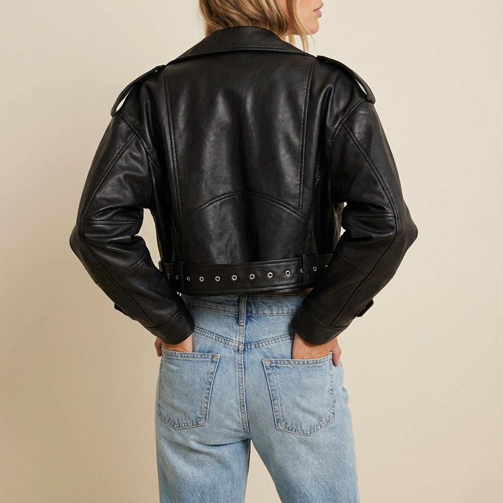 Kurtka ramoneska damska krótka z paskiem | Styl miejski na co dzień