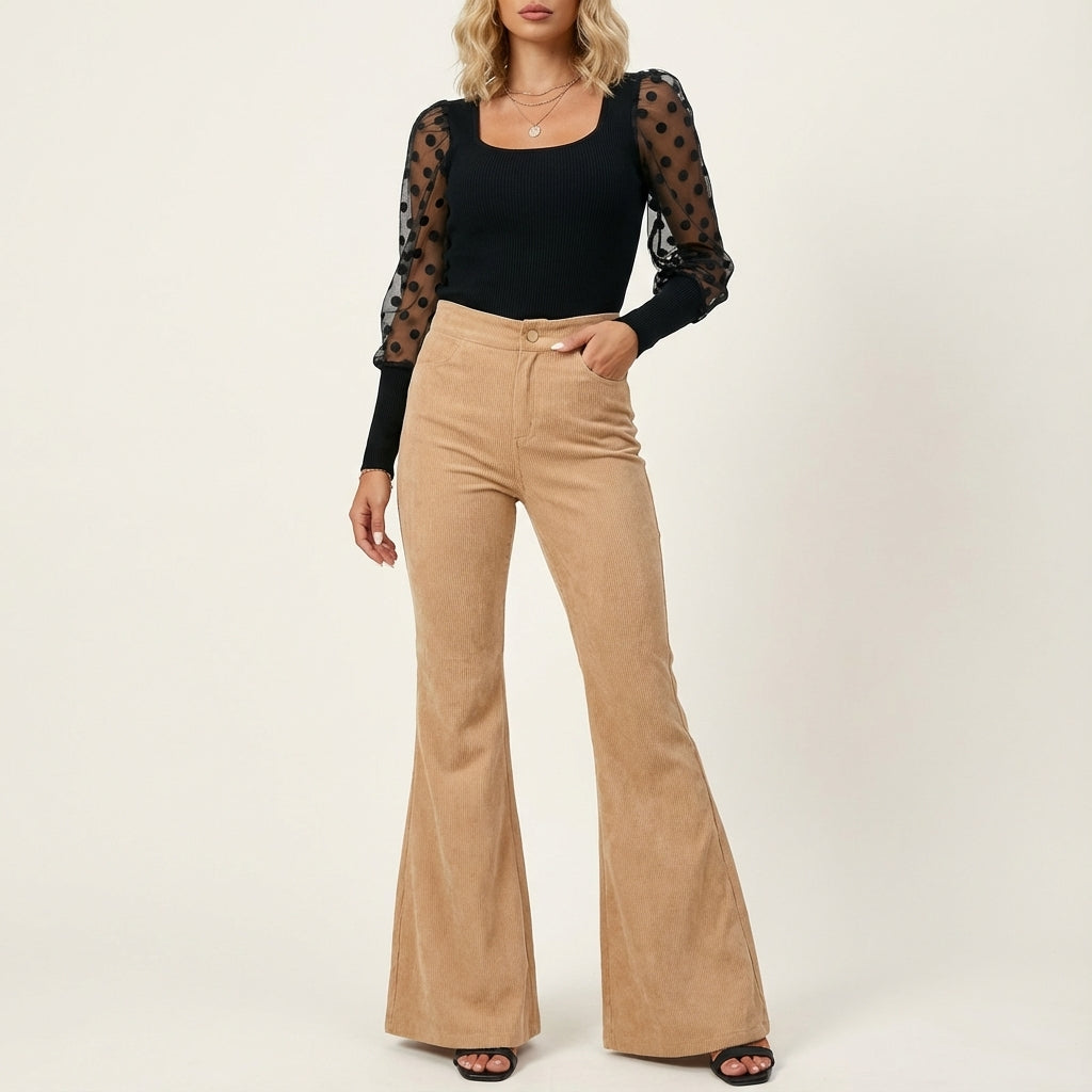 Spodnie sztruksowe damskie z wysokim stanem i szeroką nogawką | Na co dzień