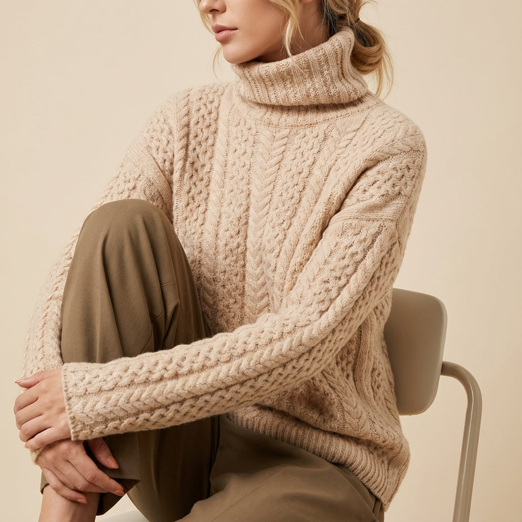 Sweter damski golf dzianinowy warkoczowy | Codzienne noszenie
