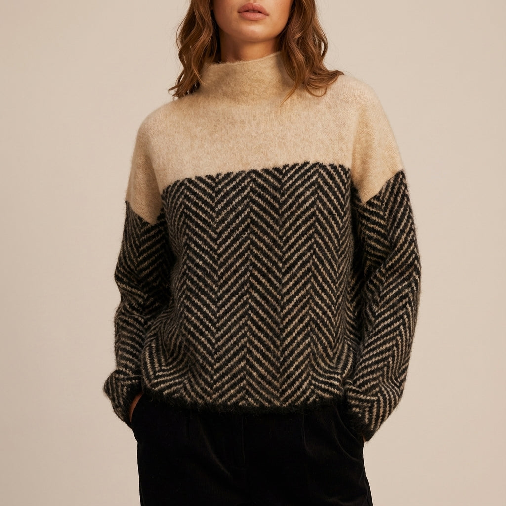 Sweter damski golf w jodełkę dzianinowy | Codzienne noszenie