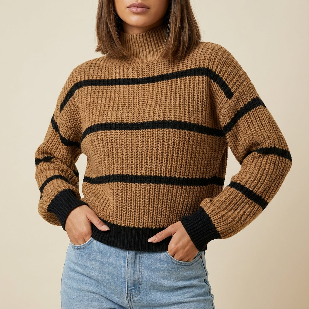 Sweter damski w paski z wysokim kołnierzem gruby splot | Na co dzień
