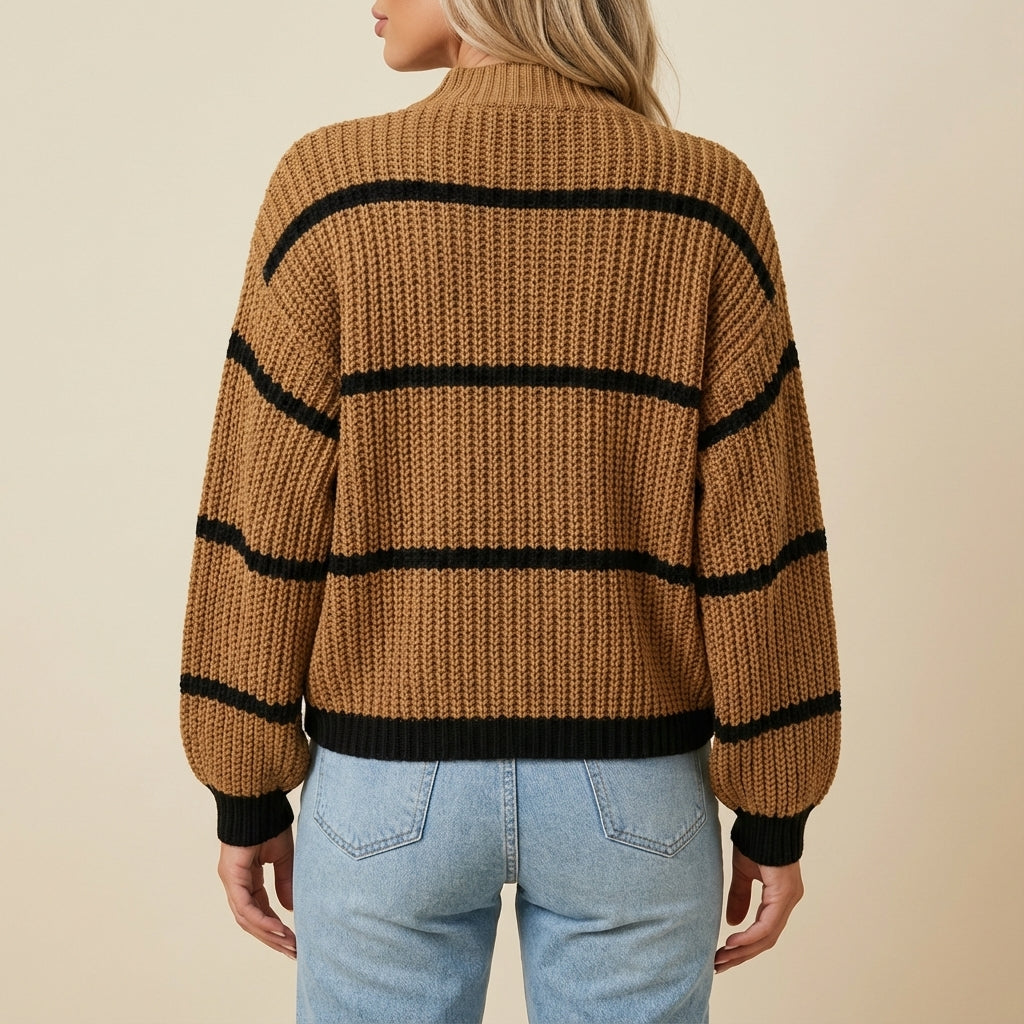 Sweter damski w paski z wysokim kołnierzem gruby splot | Na co dzień