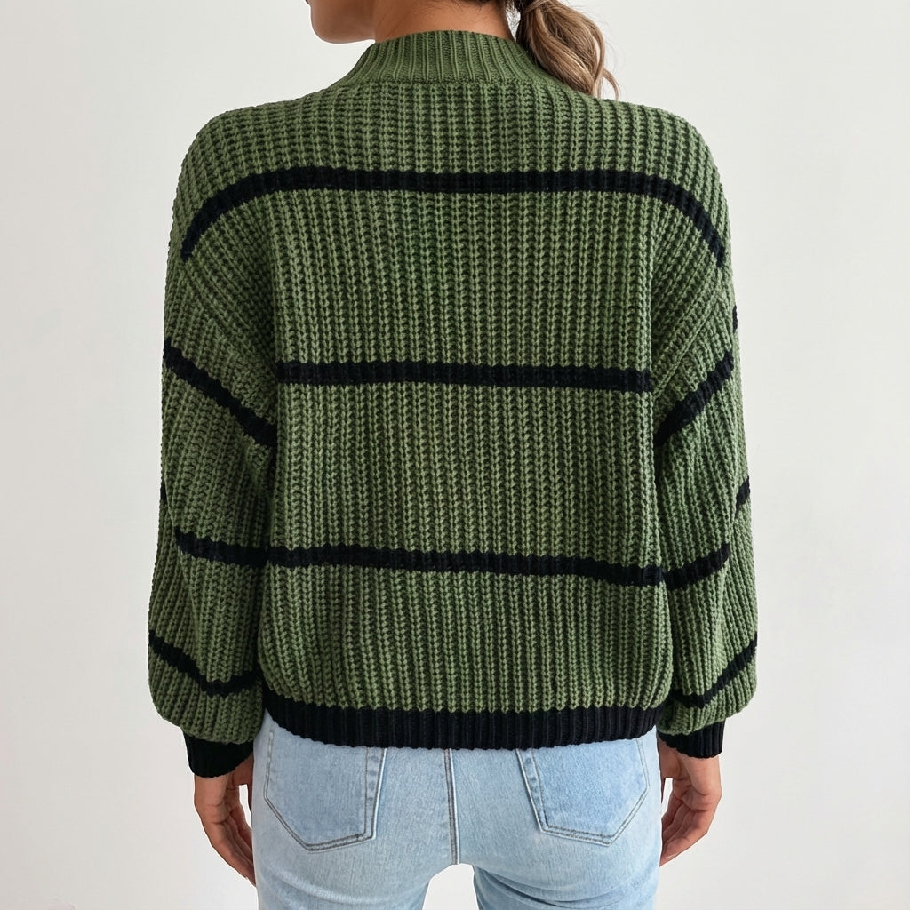 Sweter damski w paski z wysokim kołnierzem gruby splot | Na co dzień