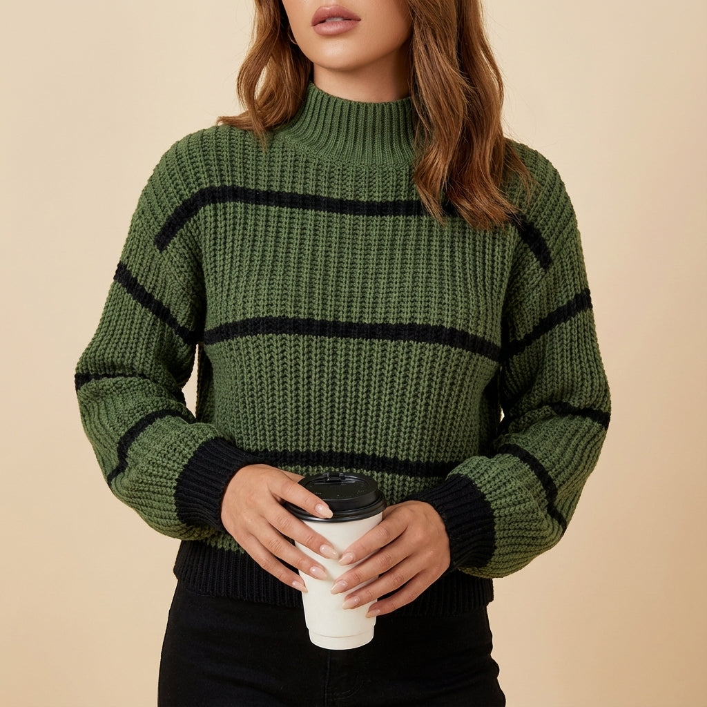 Sweter damski w paski z wysokim kołnierzem gruby splot | Na co dzień