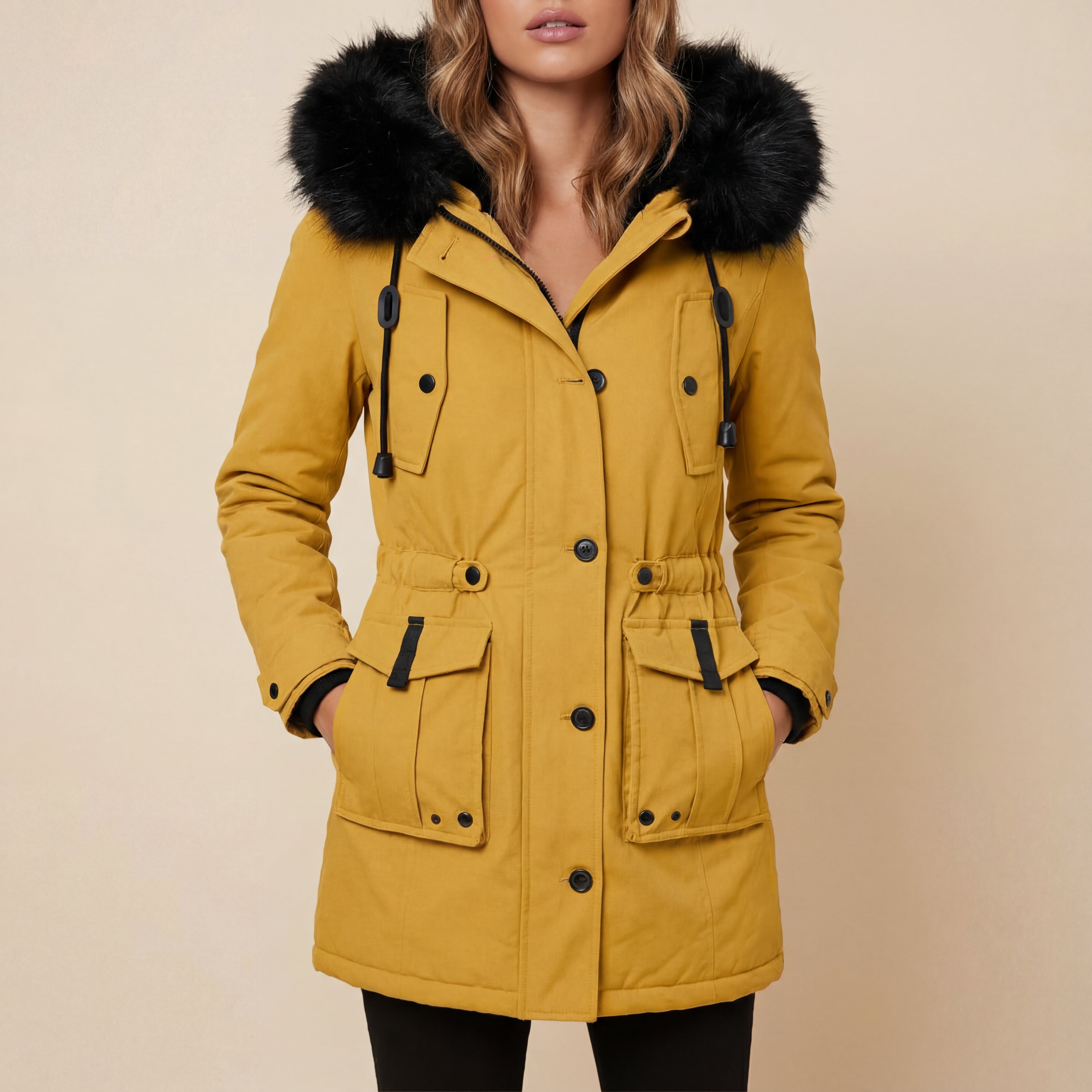 Parka Damska Zimowa z Kapturem Żółta | Na Zimę