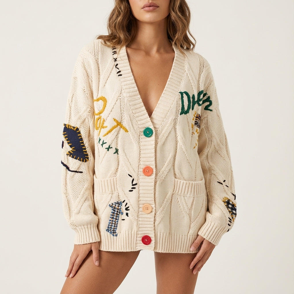 Kardigan damski rozpinany z haftowanym wzorem | Styl codzienny