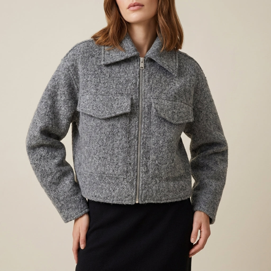 Kurtka damska krótka na zamek z kołnierzem i kieszeniami | Na co dzień