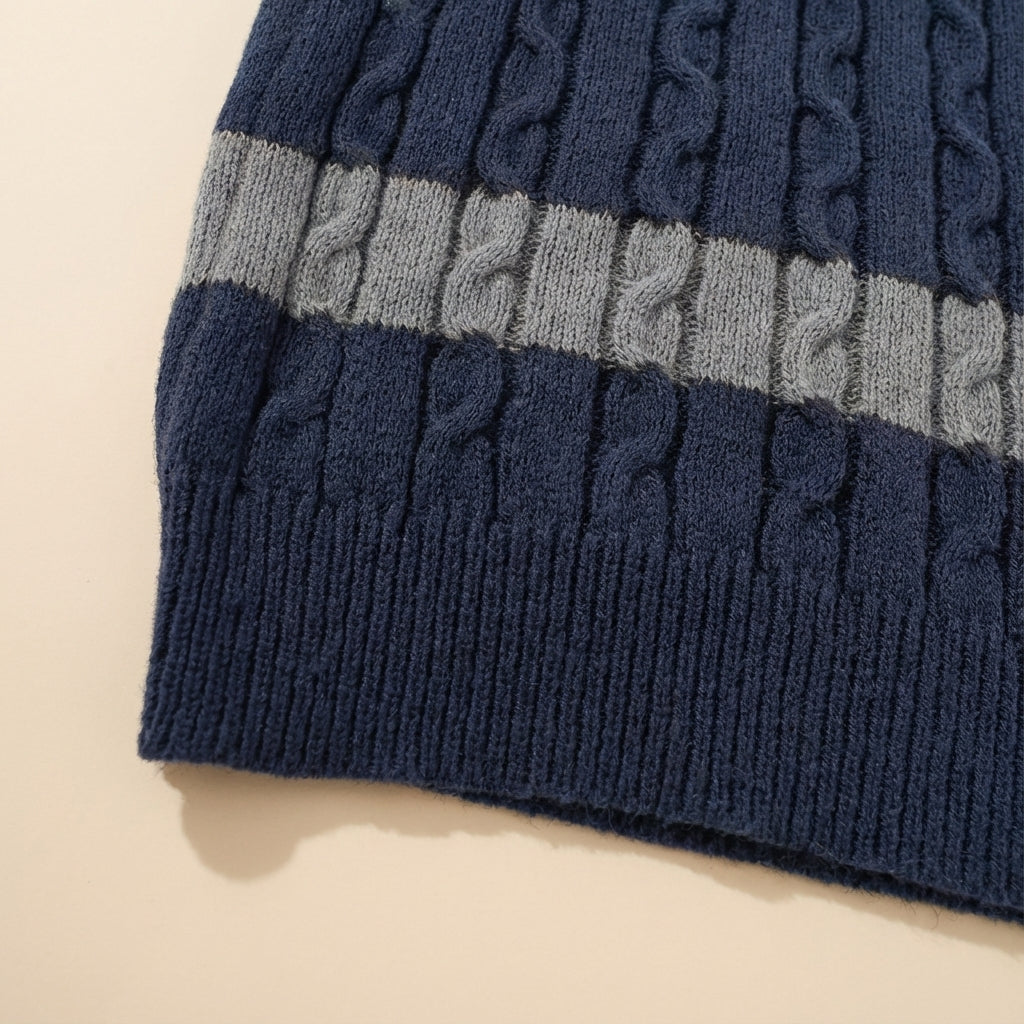 Sweter Męski Warkoczowy w Pasy z Okrągłym Dekoltem | Na Co Dzień