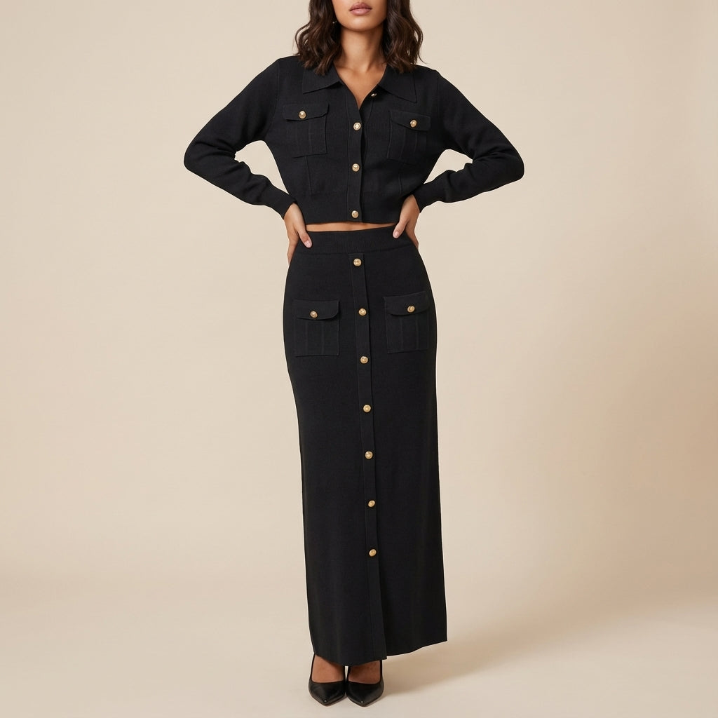 Komplet dzianinowy damski żakiet na guziki i spódnica midi | Do pracy i na co dzień