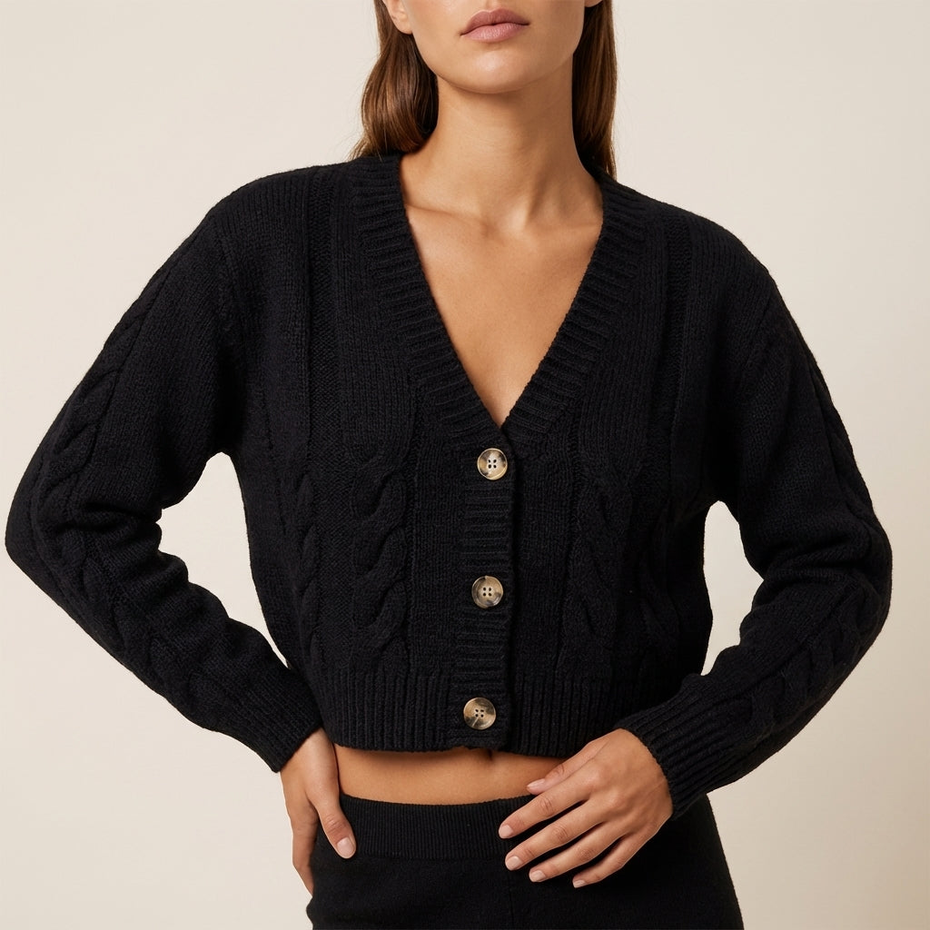 Kardigan damski krótki z guzikami, splot warkoczowy | Na co dzień