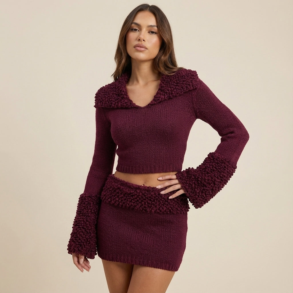 Komplet dzianinowy damski top z długim rękawem i mini spódnica | Na co dzień