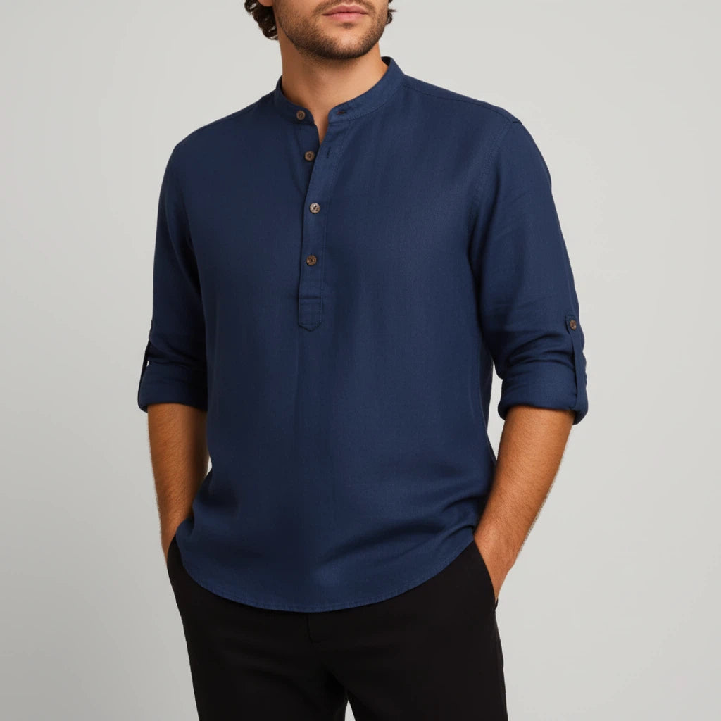 Koszula Lniana Męska z Długim Rękawem i Stójką | Codzienny Styl