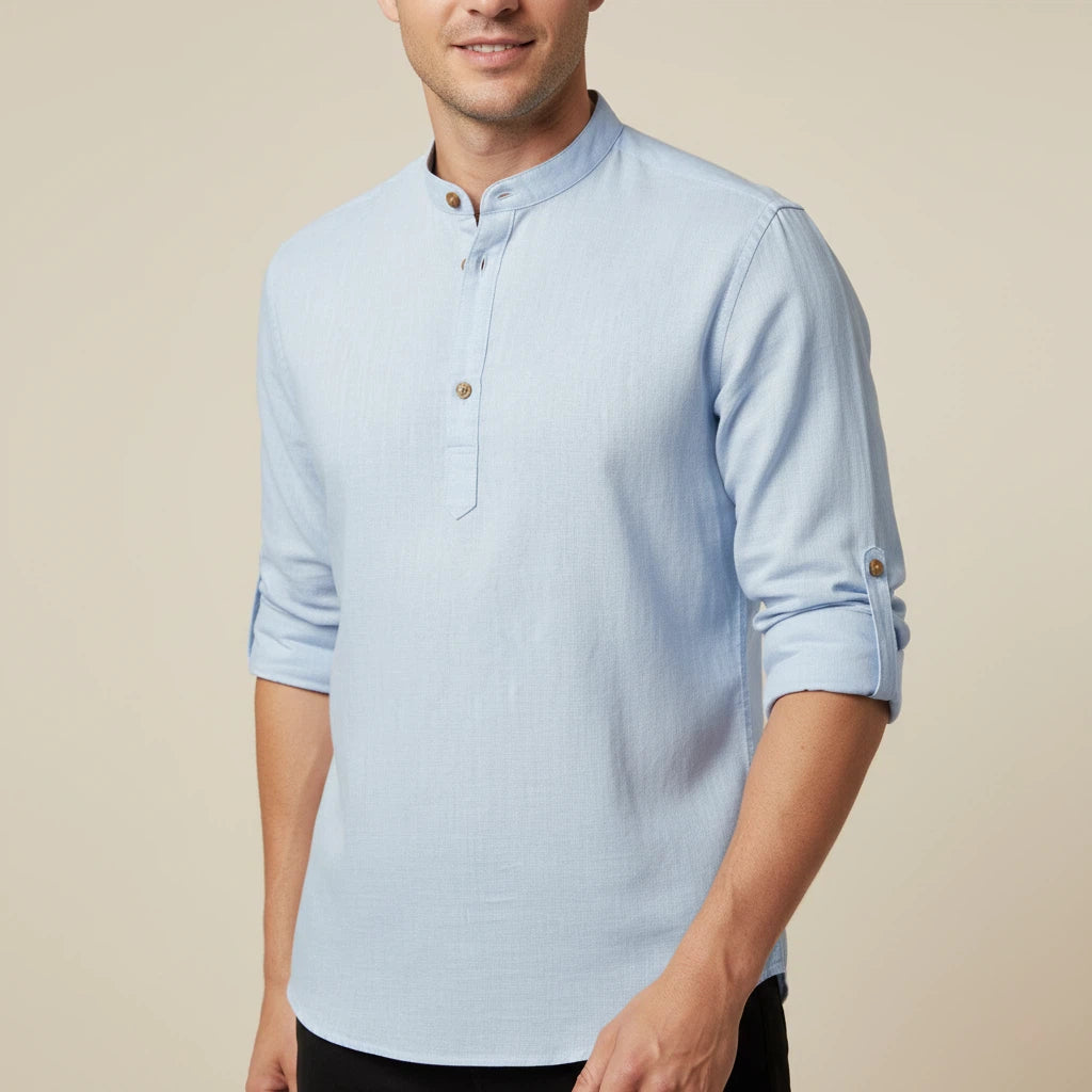 Koszula Lniana Męska z Długim Rękawem i Stójką | Codzienny Styl