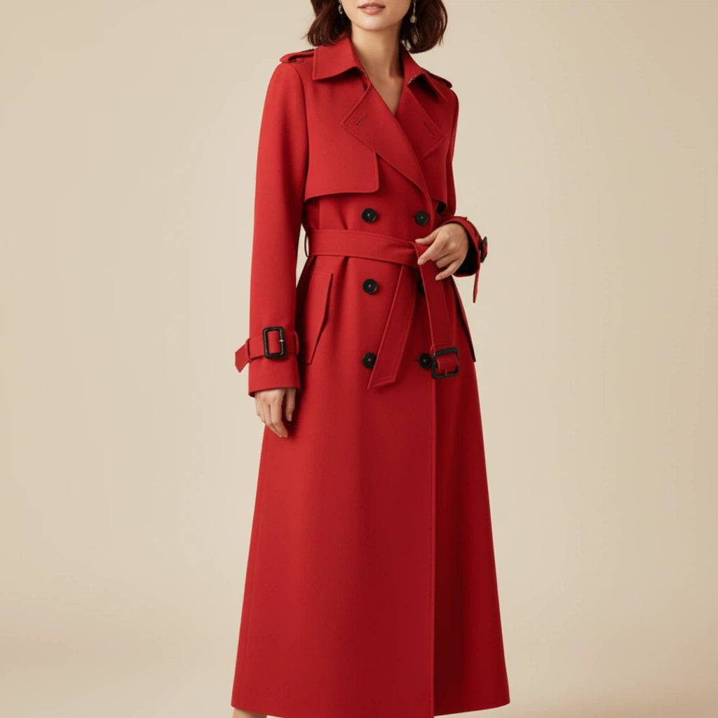 Trencz Damski Długi z Paskiem i Dwurzędowym Zapięciem | Styl Codzienny