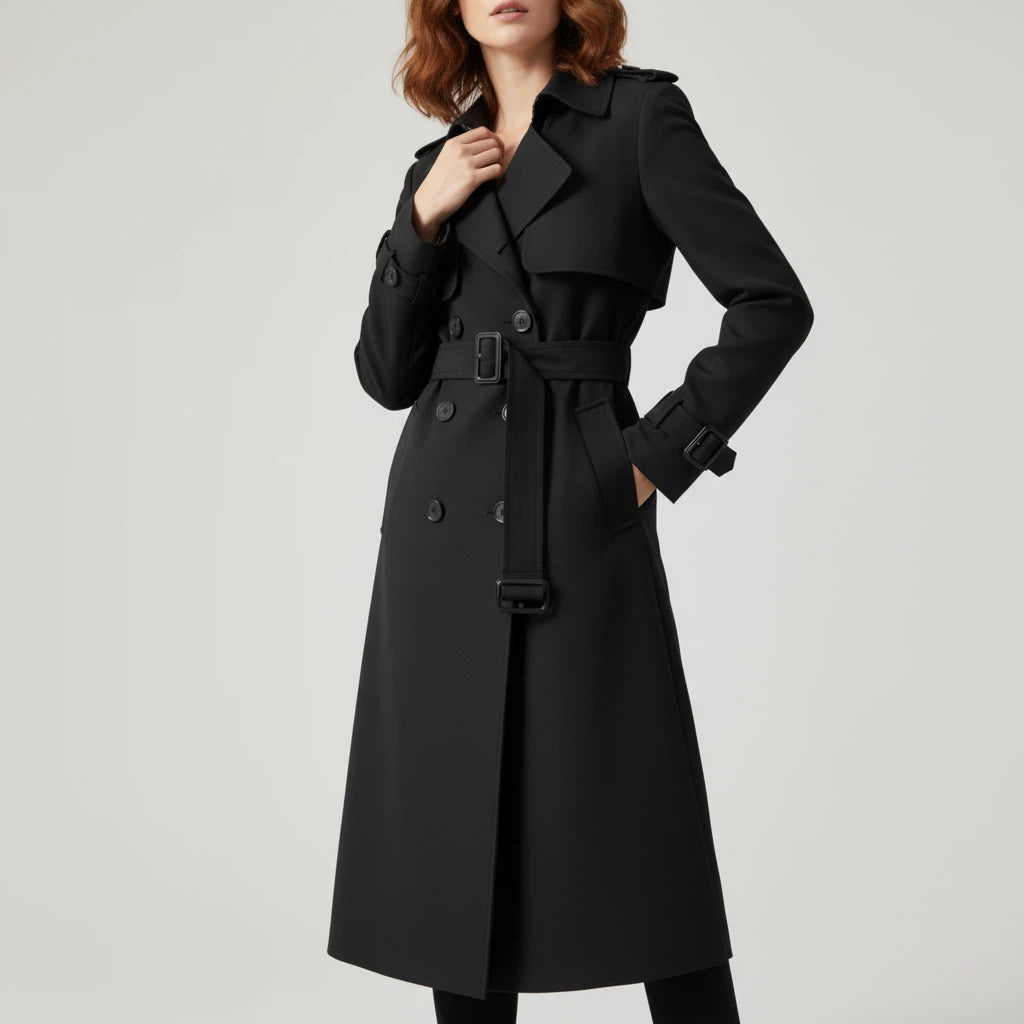 Trencz Damski Długi z Paskiem i Dwurzędowym Zapięciem | Styl Codzienny