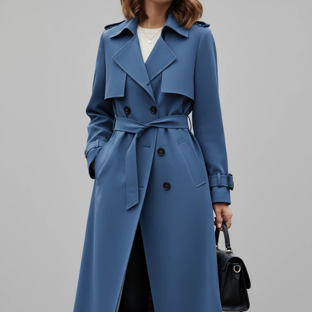 Trencz Damski Długi z Paskiem i Dwurzędowym Zapięciem | Styl Codzienny