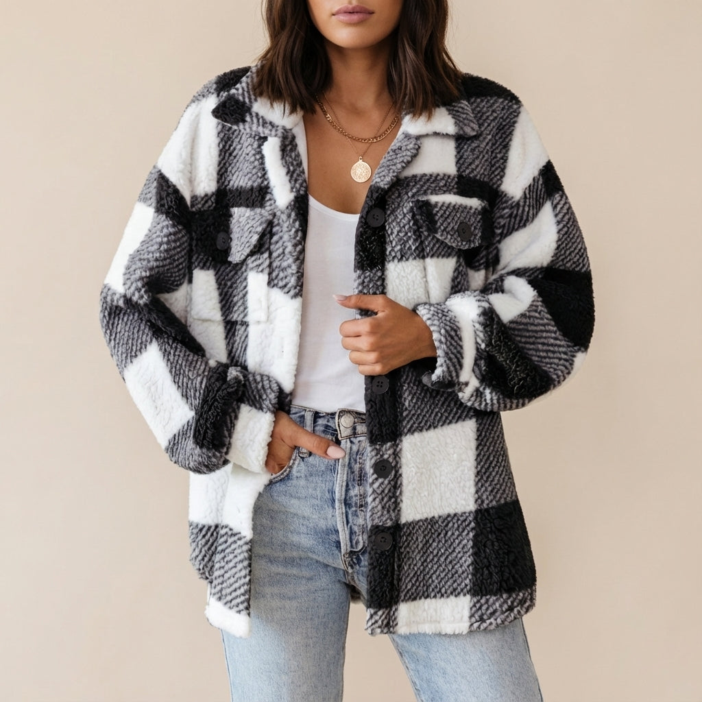 Kurtka Damska Pluszowa w Kratę Oversize | Jesień i Zima
