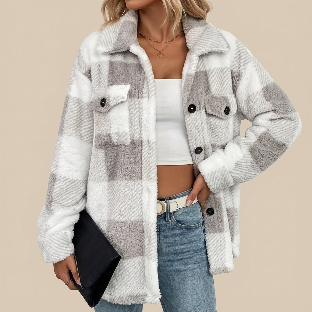 Kurtka Damska Pluszowa w Kratę Oversize | Jesień i Zima