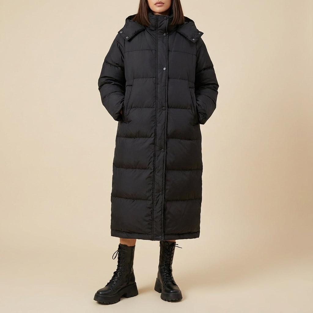 Płaszcz puchowy damski długi z kapturem | Styl zimowy miejski