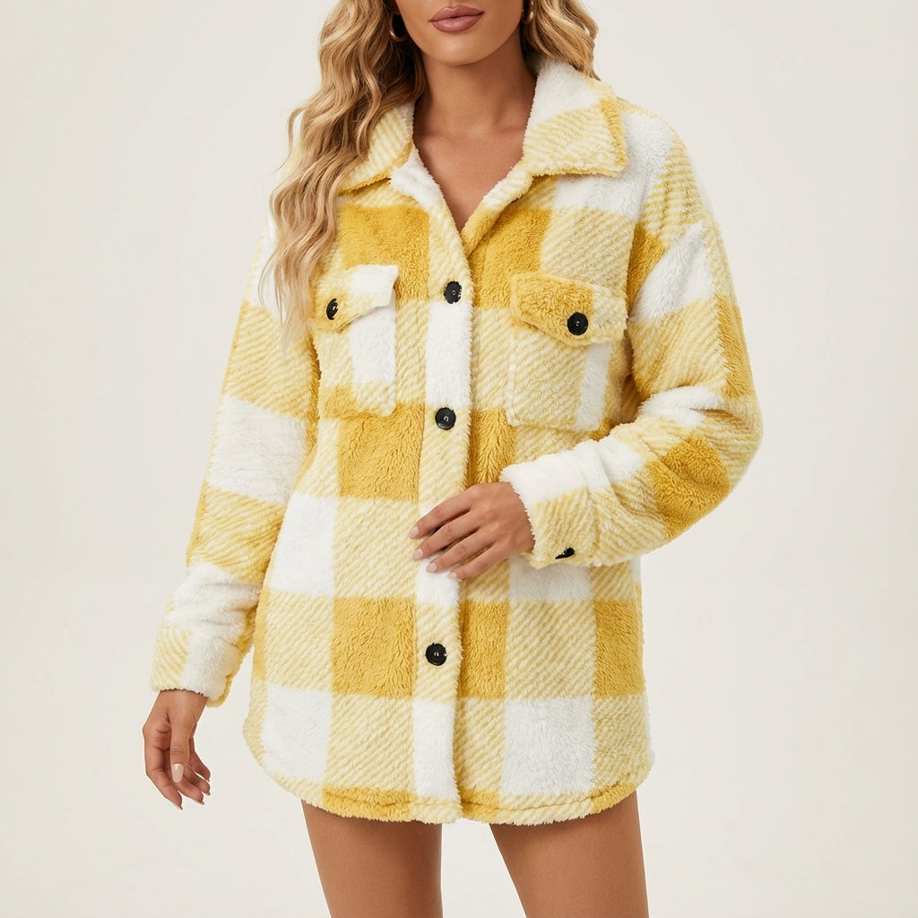Kurtka Damska Pluszowa w Kratę Oversize | Jesień i Zima