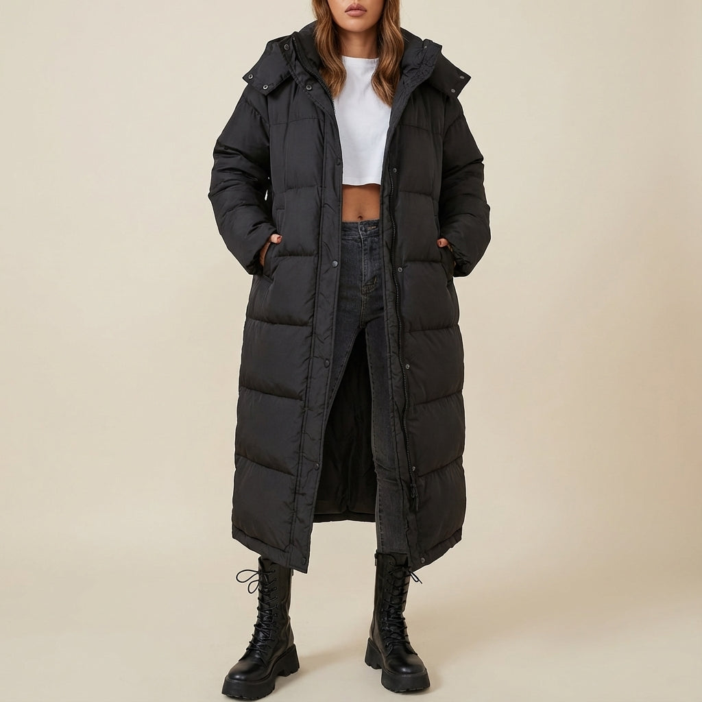 Płaszcz puchowy damski długi z kapturem | Styl zimowy miejski