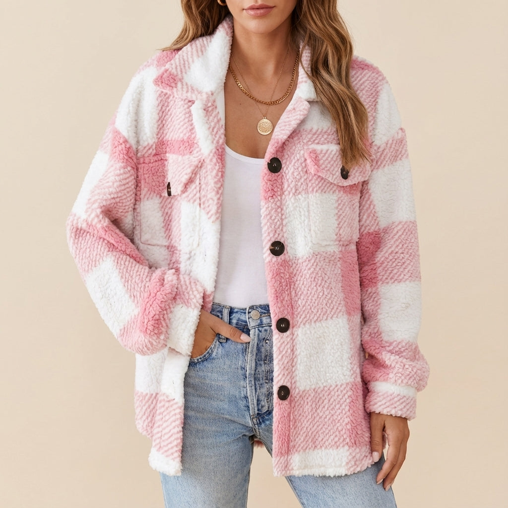 Kurtka Damska Pluszowa w Kratę Oversize | Jesień i Zima